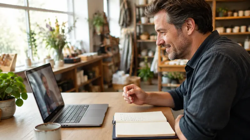 Ondernemer voert een videogesprek op zijn laptop in zijn winkel