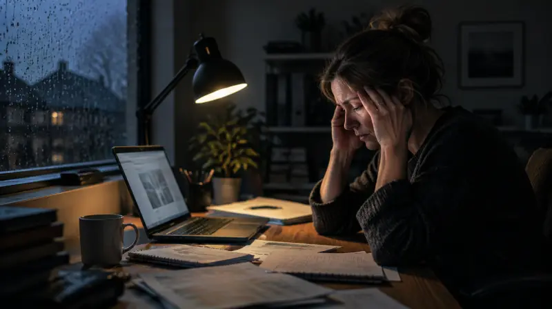 Vermoeide ondernemer zit 's avonds laat met haar hoofd in haar handen achter de laptop