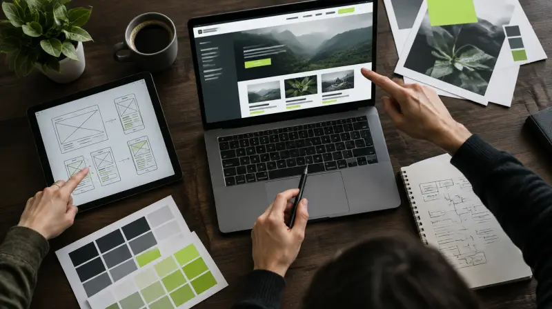 Bovenaanzicht van een ontwerpwerkplek met laptop, schetsen van een website op een tablet en kleurstalen